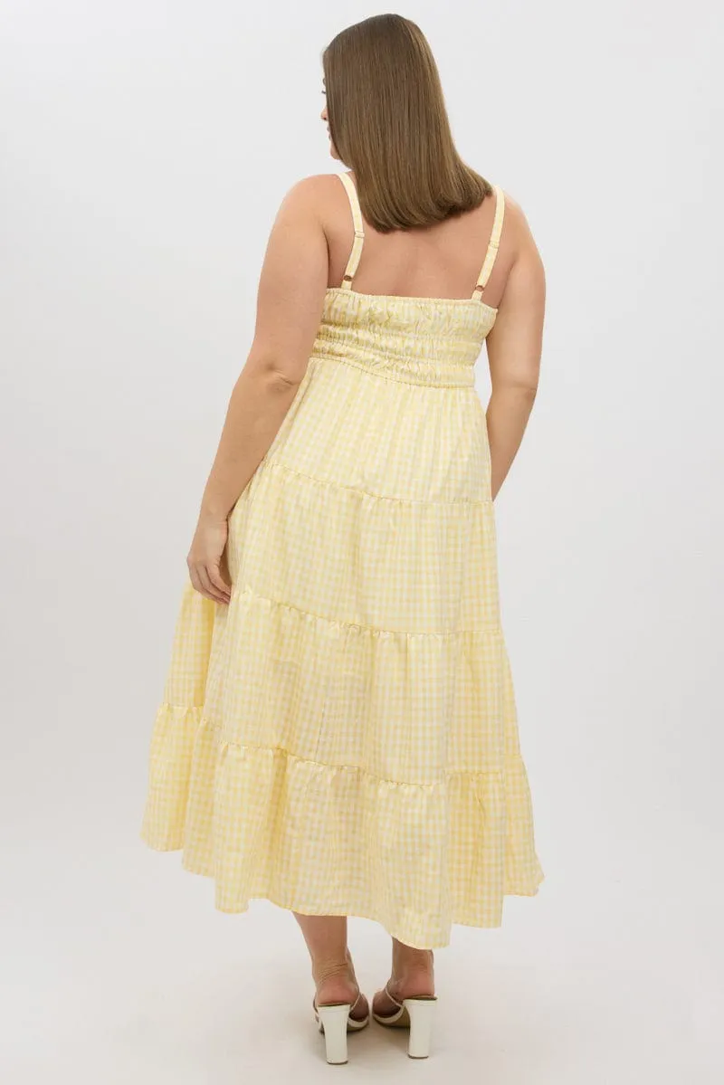 Japanese Neat Trendy Comfort Yellow Check Midi Dress Sleeveless Tiered