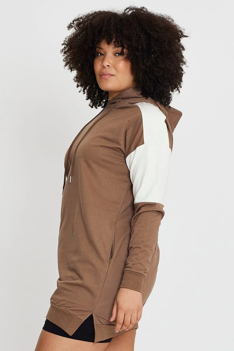 Lounge Style Comfy Look Brown Fleece Hoodie Splice Long Sleeve