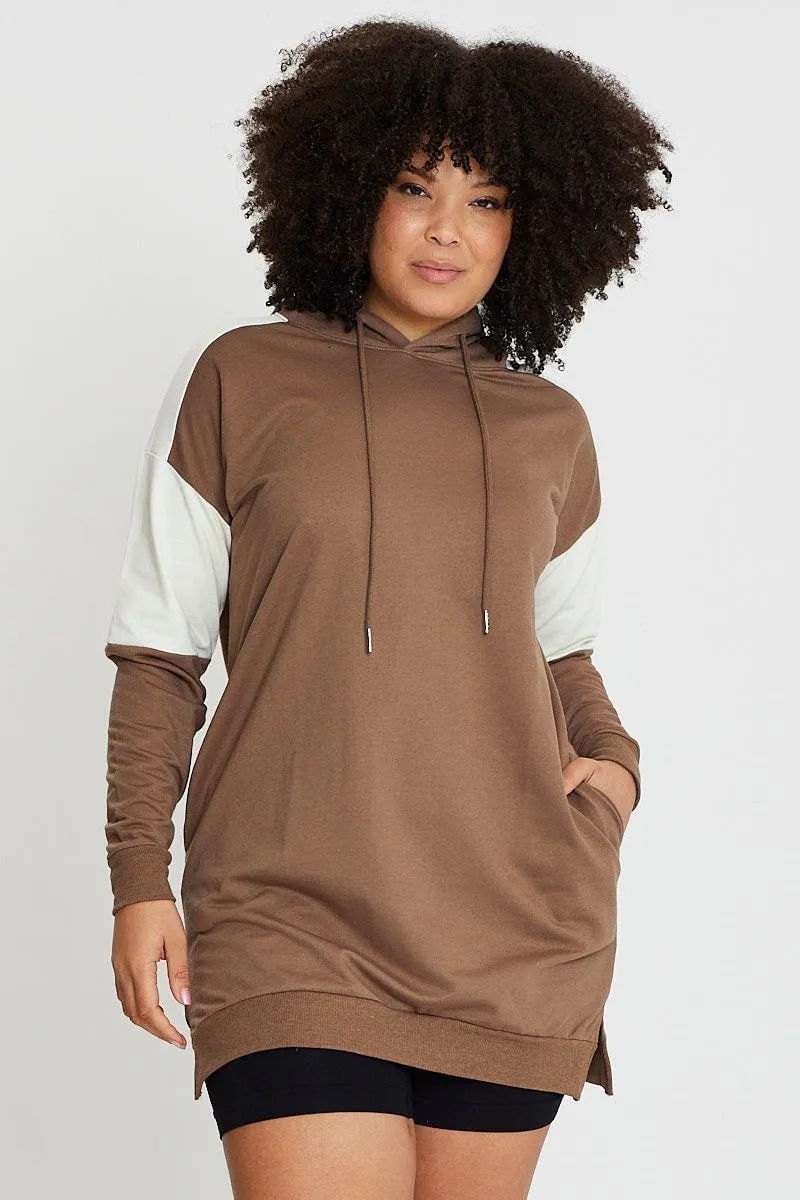 Brown Fleece Hoodie Splice Long Sleeve Versatile Wear