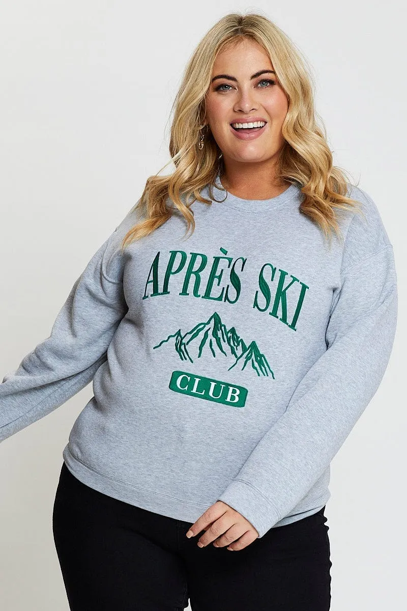 Street-Ready Wear Grey Embroidered Sweatshirt Long Sleeve Apres Ski