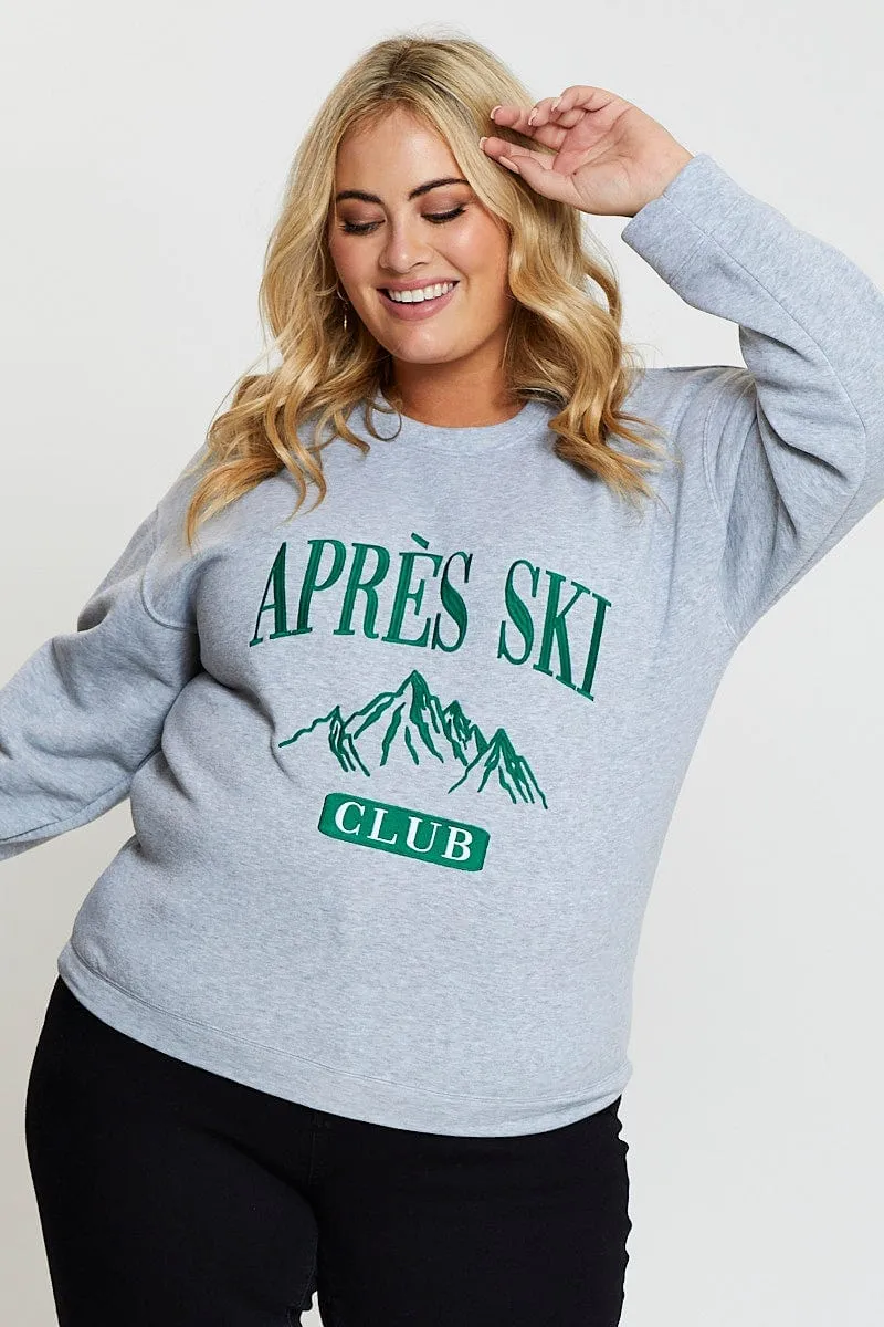 Grey Embroidered Sweatshirt Long Sleeve Apres Ski Cuffed Sleeves Cozy Fleece
