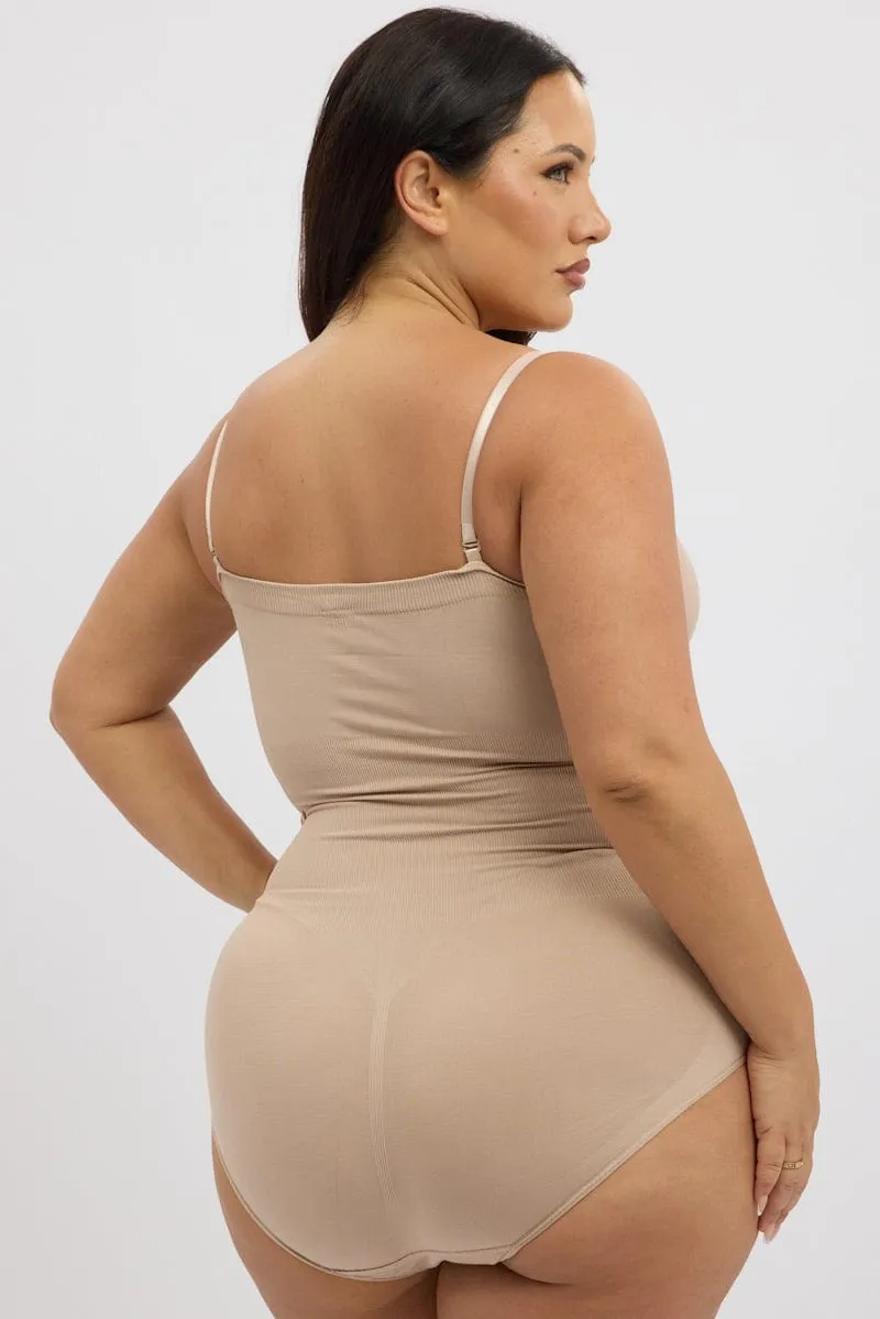 Beige Seamless Sculpting Bodysuit EasyAdjustStraps Peace Flow