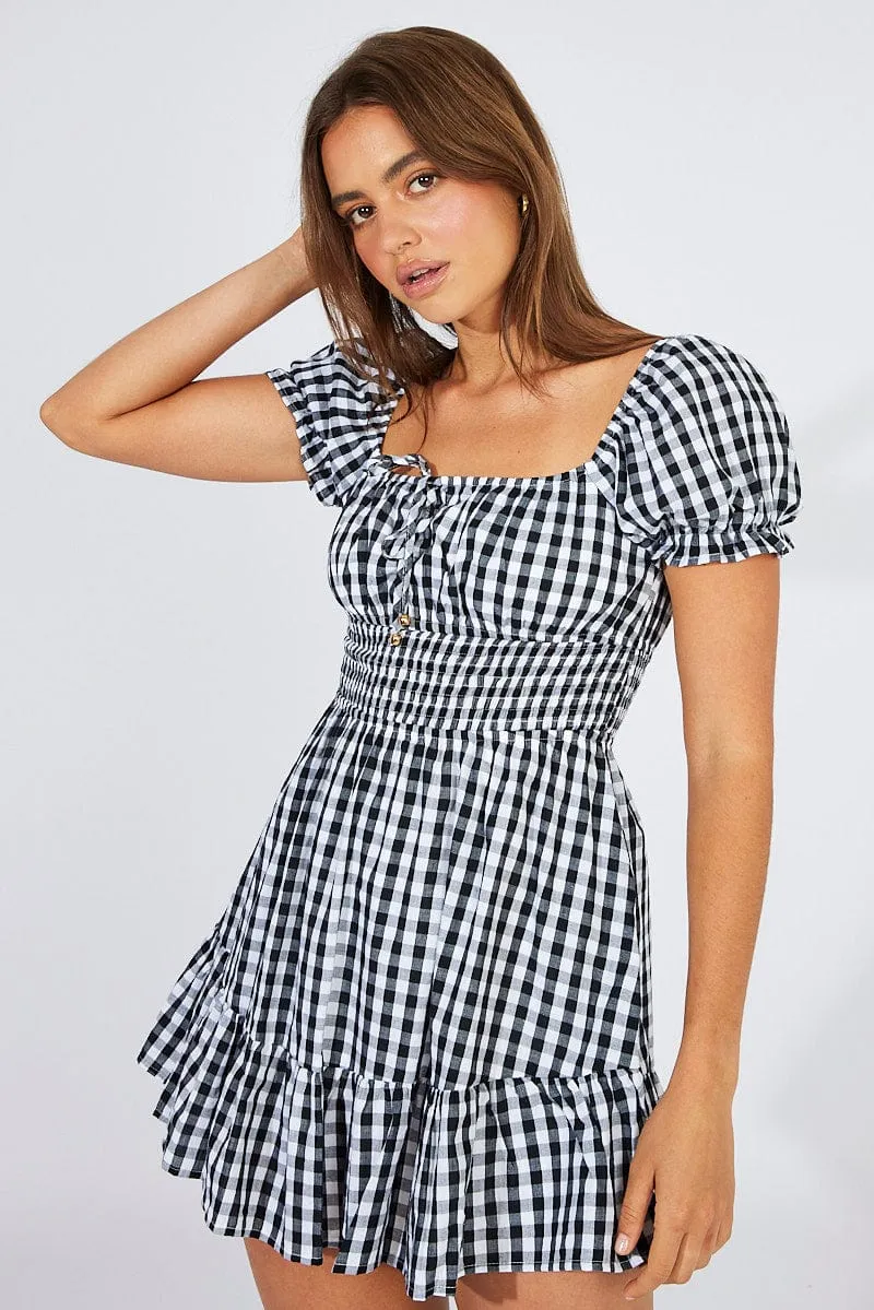 Black Check Fit And Flare Dress Puff Sleeve Mini Trendy Outerwear