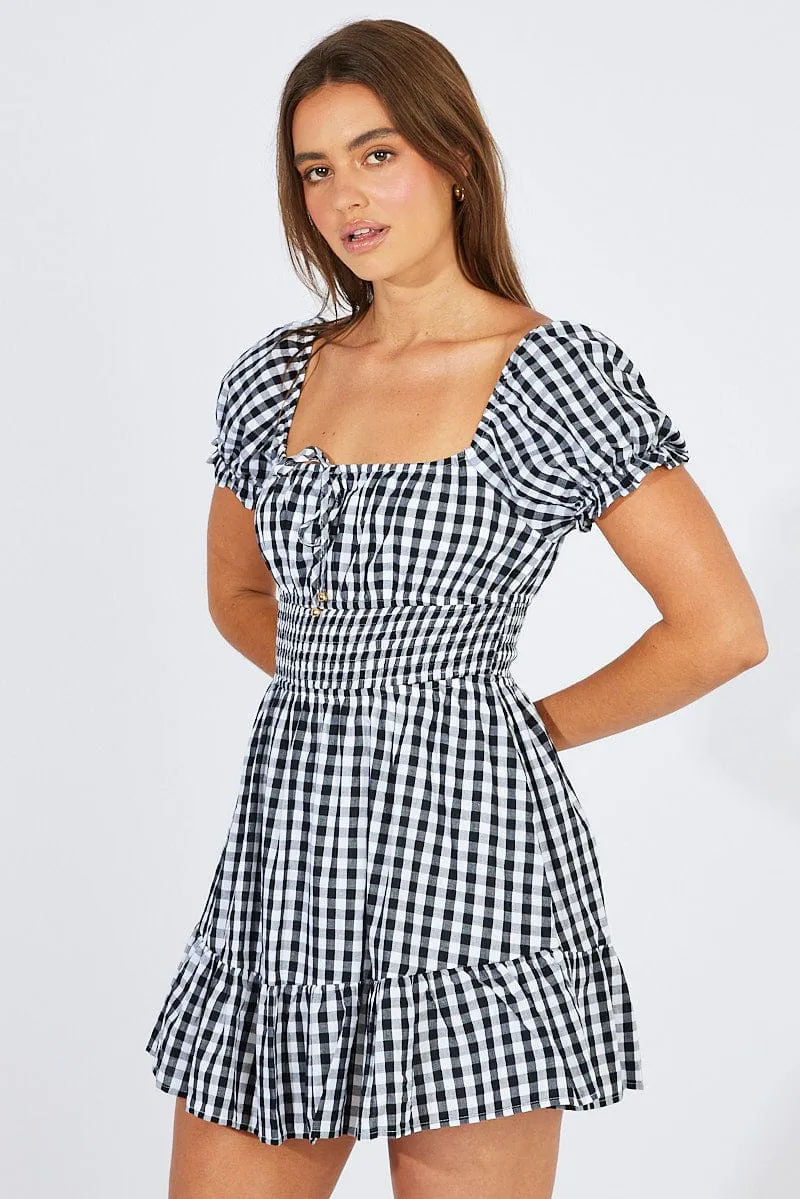 Black Check Fit And Flare Dress Puff Sleeve Mini Digital Core