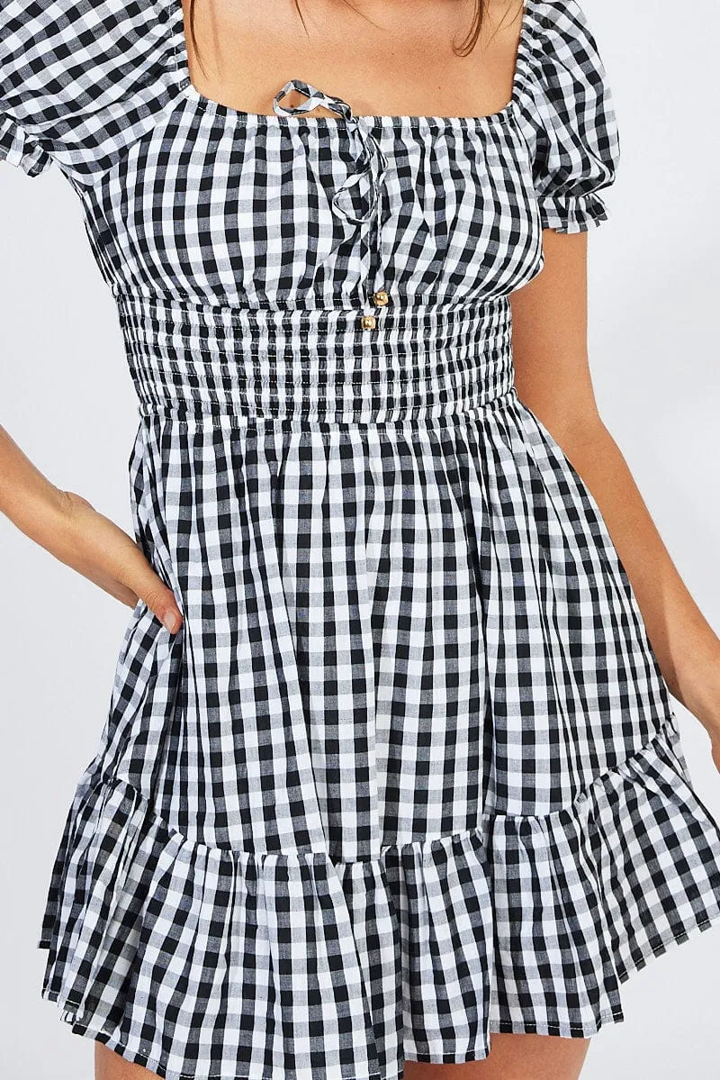 Black Check Fit And Flare Dress Puff Sleeve Mini StaticFree Material