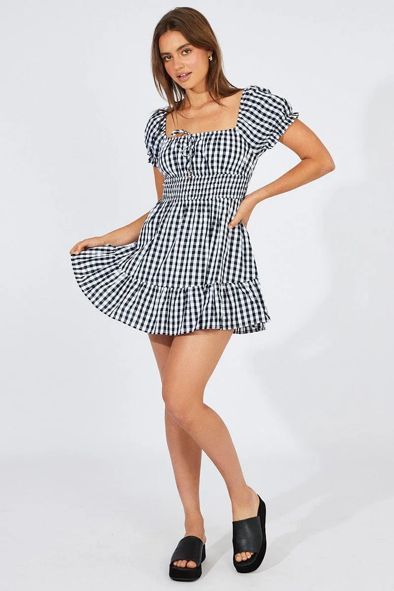 AdjustableWaistband Black Check Fit And Flare Dress Puff Sleeve Mini