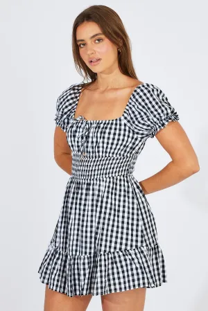 Black Check Fit And Flare Dress Puff Sleeve Mini Digital Core