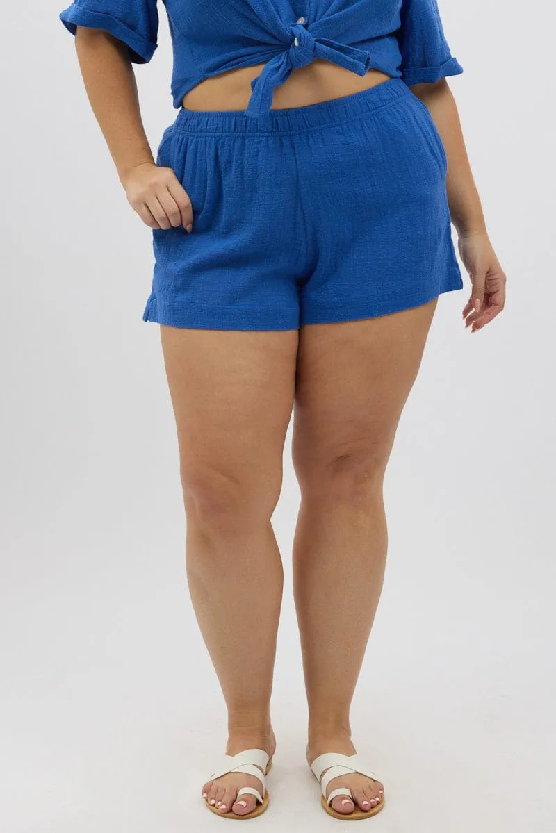Blue Elastic Waist Pull On Cotton Shorts Polish Glow