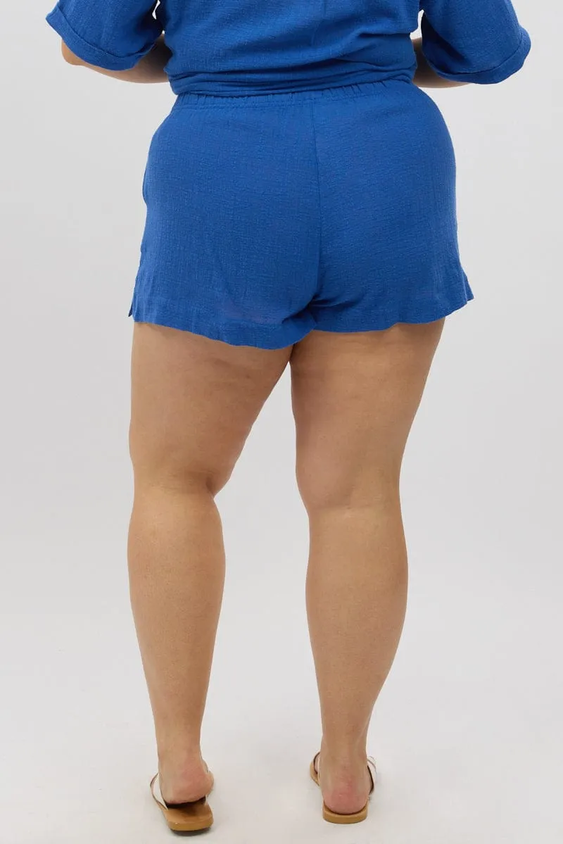 Sporty Joggers Blue Elastic Waist Pull On Cotton Shorts