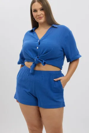 Love Energy Blue Elastic Waist Pull On Cotton Shorts