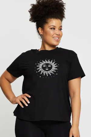 Black Graphic T-shirt Radiant Sun Short Sleeve Cotton Fresh Look Non Restrictive Cut