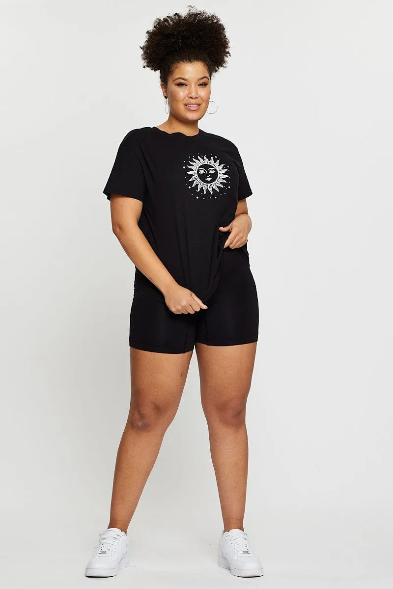 Black Graphic T-shirt Radiant Sun Short Sleeve Cotton Stylish Wear