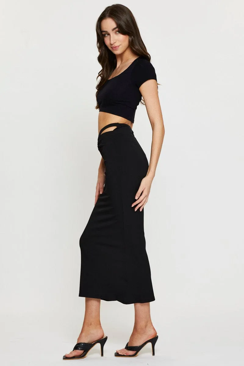 Heritage Craft Sleek Outfit Black Midi Skirt Rig Detailed Ribbed Jersey