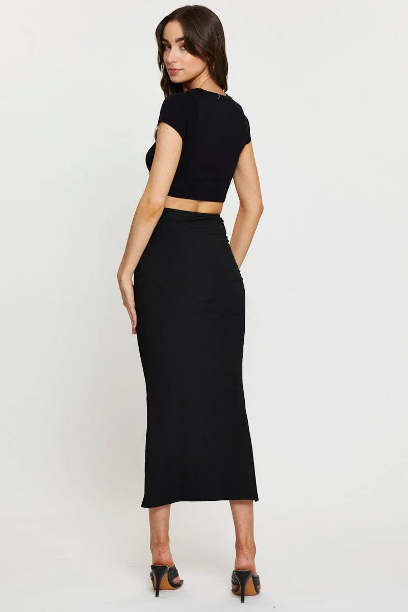 Eco Friendly Dye Easy Layers Black Midi Skirt Rig Detailed Ribbed Jersey