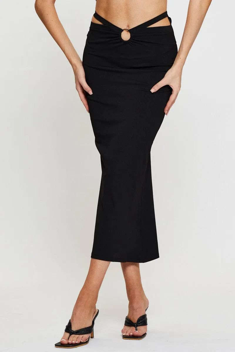 Black Midi Skirt Rig Detailed Ribbed Jersey Elegant Feel Bold Statement