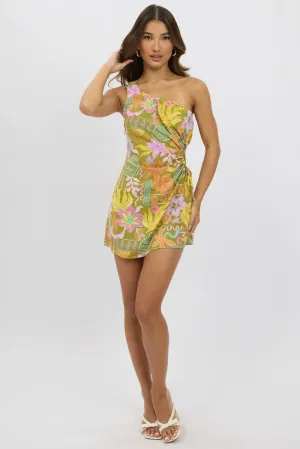 Floral Print Green Abstract Mini Dress One Shoulder
