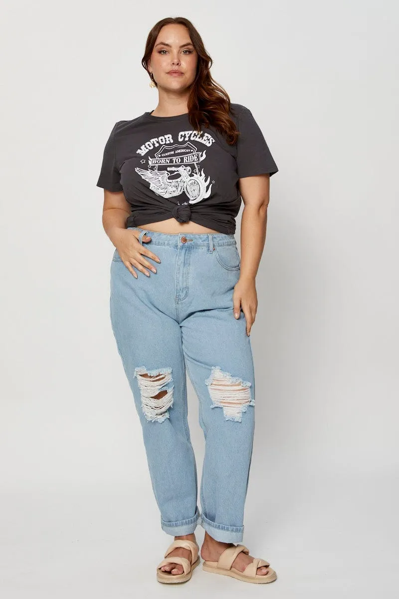 Pilling Resistant Finish Grey Graphic T-shirt Crew Neck Short Sleeve