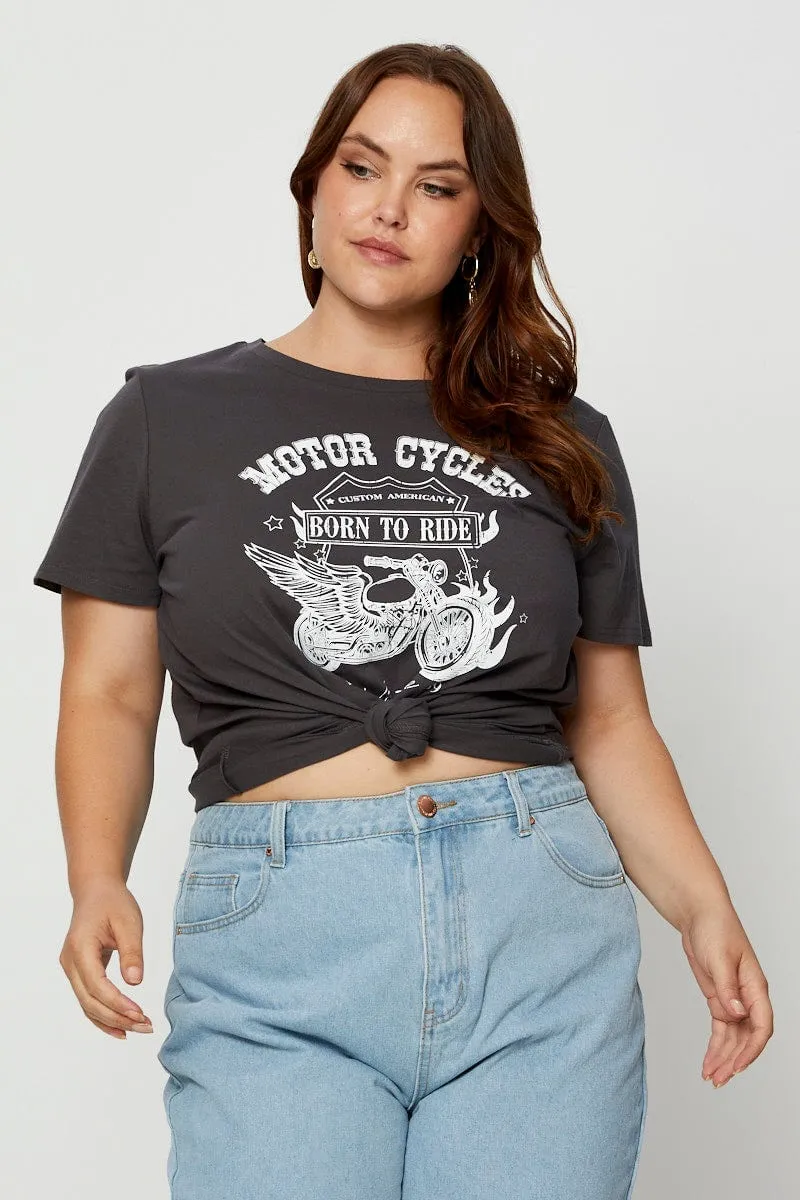 Grey Graphic T-shirt Crew Neck Short Sleeve Thermal Regulation Fabric