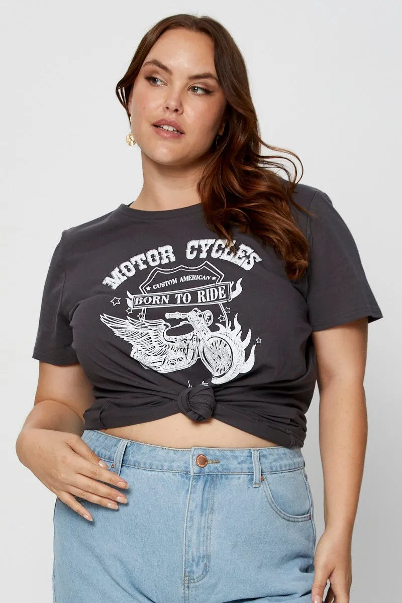 Grey Graphic T-shirt Crew Neck Short Sleeve Skinny Fit