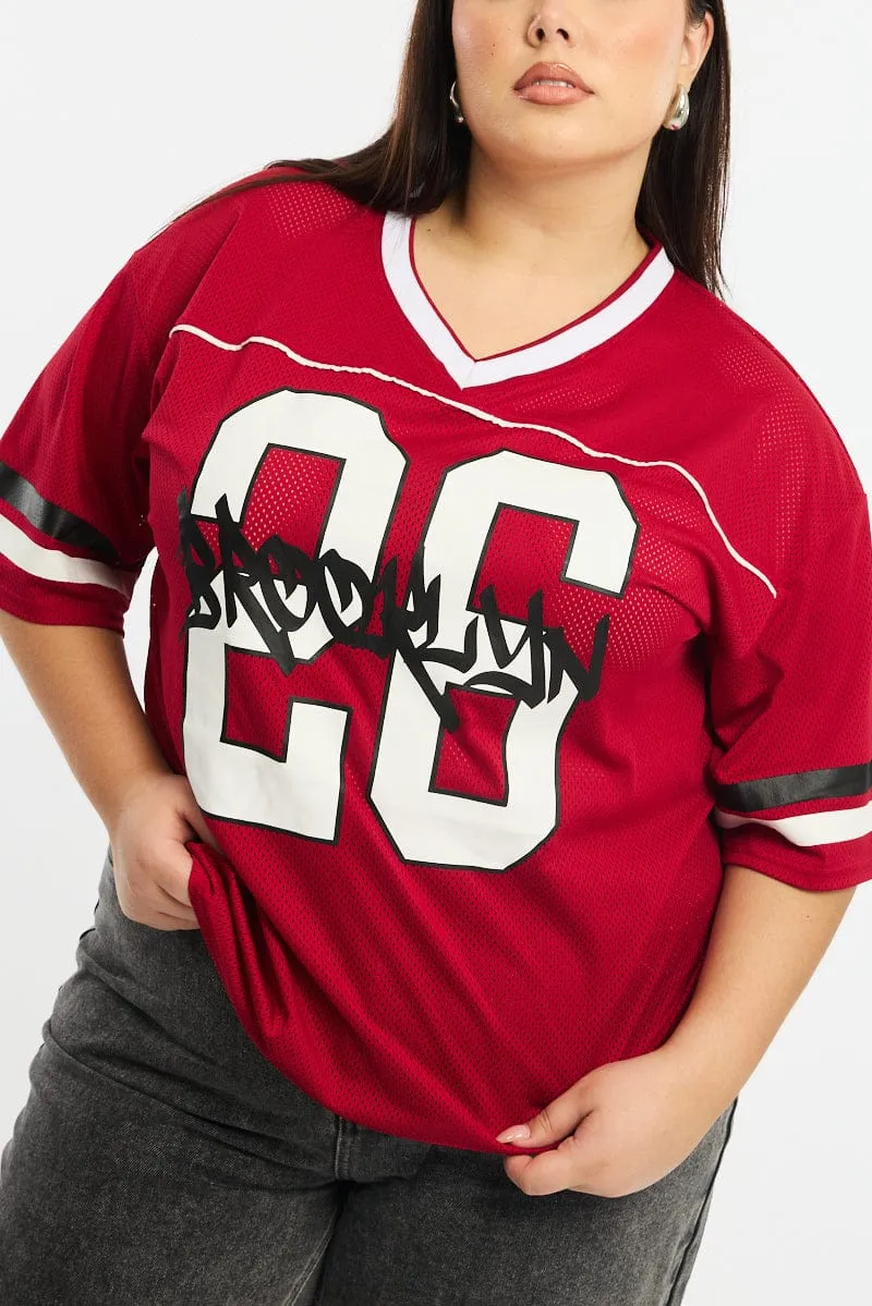 Red Sport Tee Short Sleeve Contrast Inner Binding