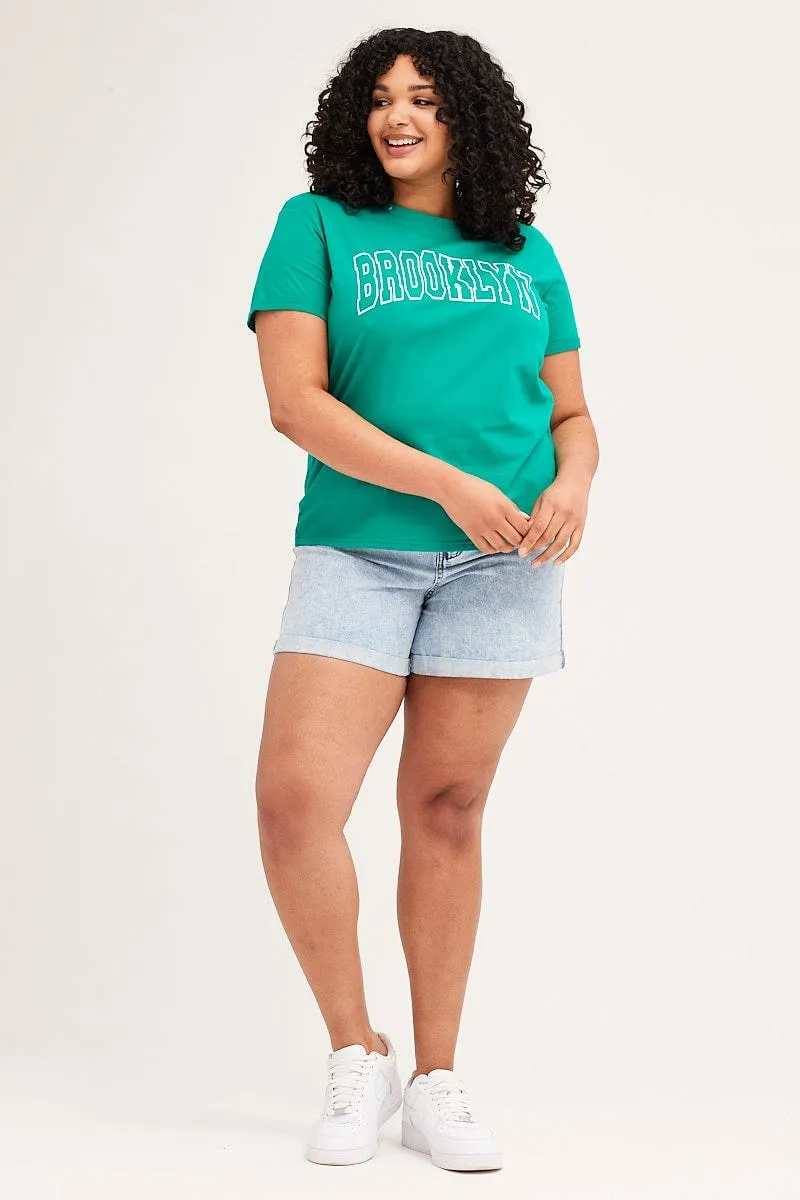 Fashionable Green Short Cuff Sleeve Graphic Regular T-shirt