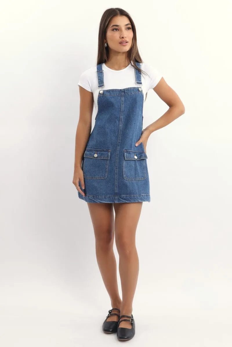 Blue Overall Mini Dress Minimalist Closure Edge Fresh