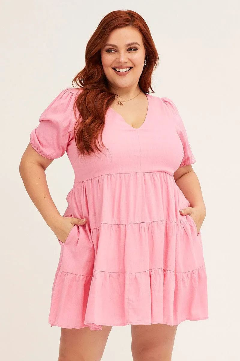 Star Edge Floral Print Pink V-neck Puff Sleeve Tiered Mini Dress