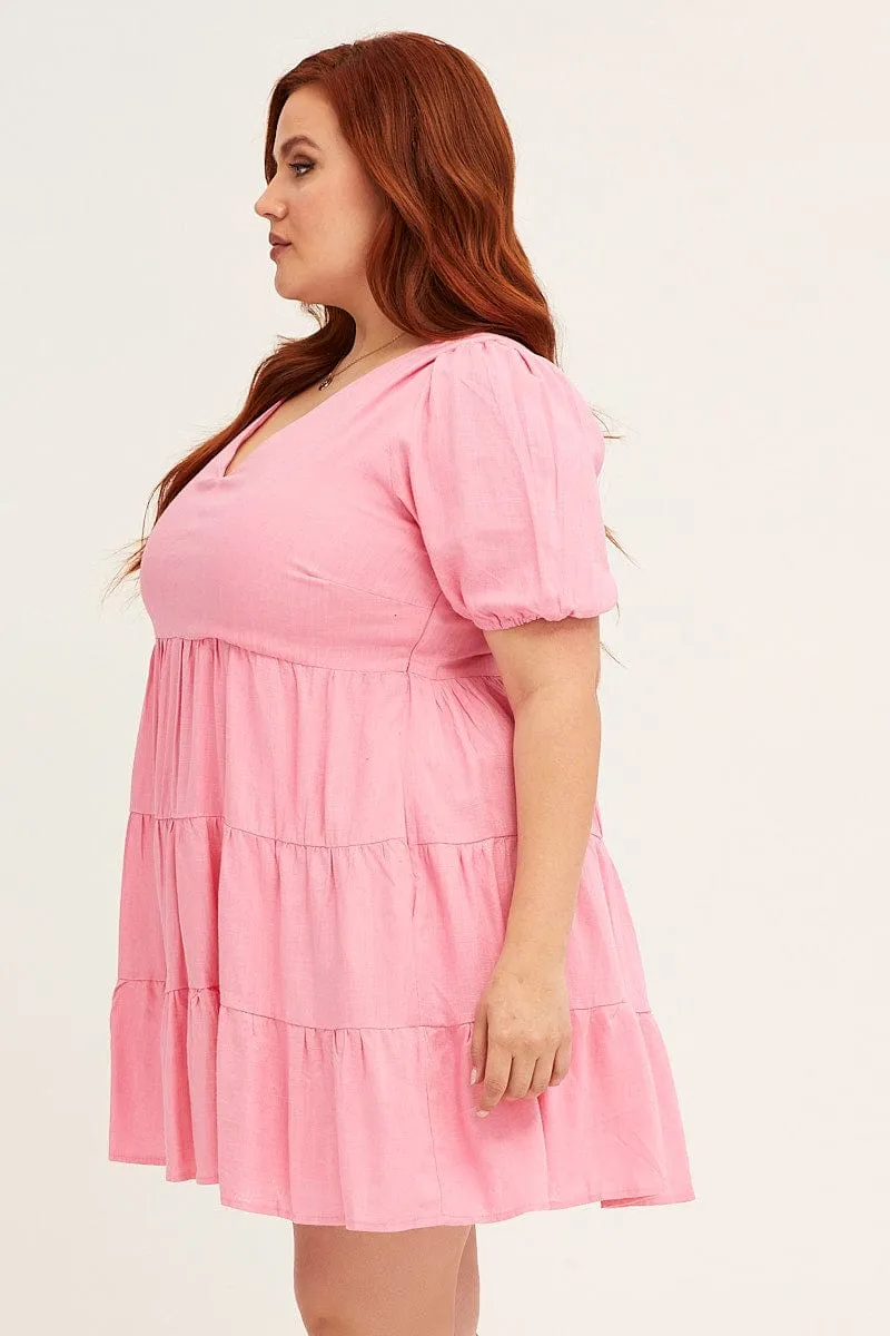 Effortless Wear Pink V-neck Puff Sleeve Tiered Mini Dress