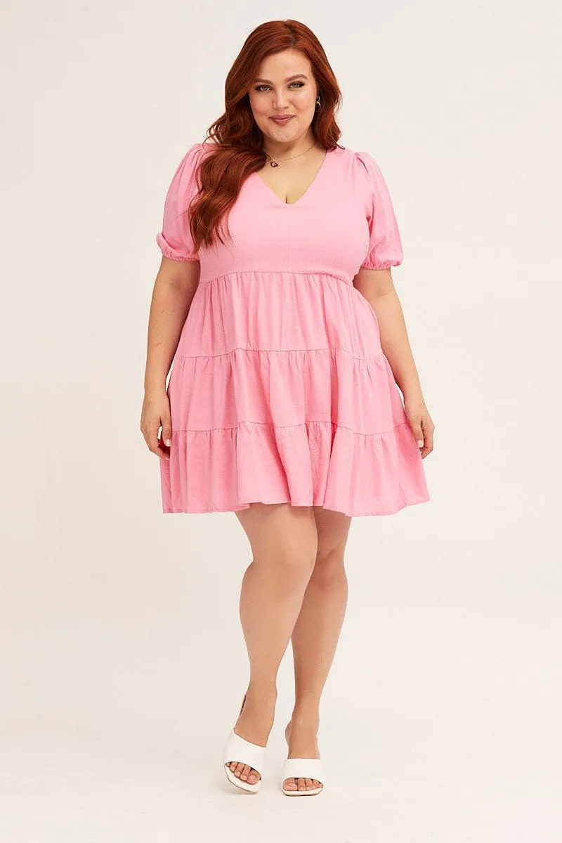 All Day Comfort Bohemian style Pink V-neck Puff Sleeve Tiered Mini Dress
