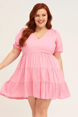 Pink V-neck Puff Sleeve Tiered Mini Dress Stylish simple short dress