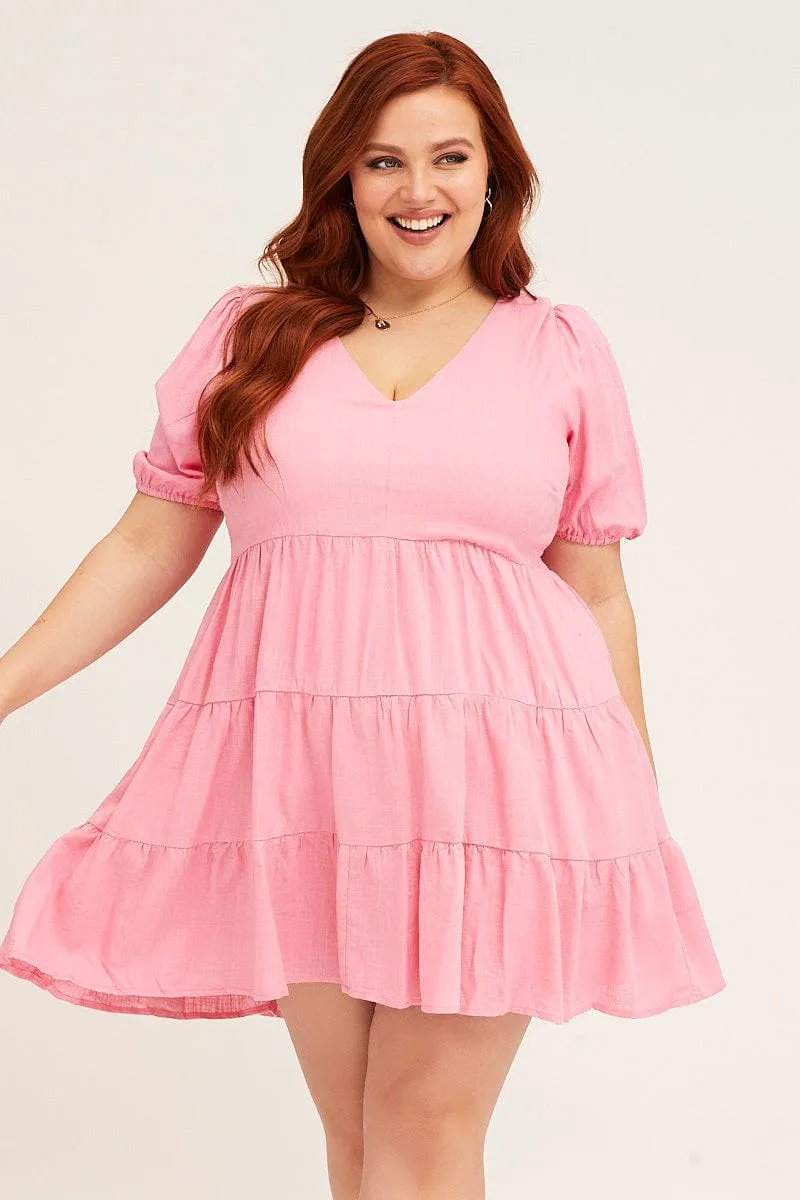Pink V-neck Puff Sleeve Tiered Mini Dress Stylish simple short dress