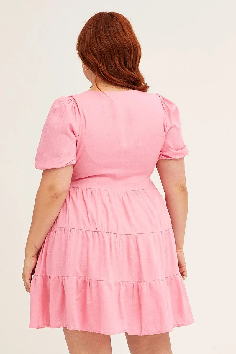 Built In Pockets Pink V-neck Puff Sleeve Tiered Mini Dress