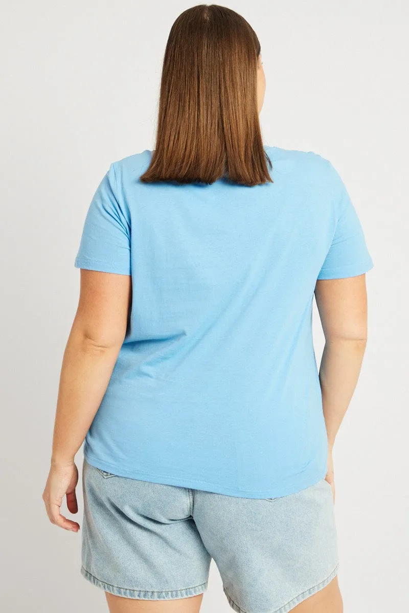 Blue Graphic T Shirt Short Sleeve Crew Neck Skin Friendly Lining