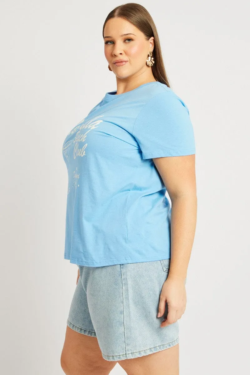 Stylish and Fun back to school Blue Graphic T Shirt Short Sleeve Crew Neck