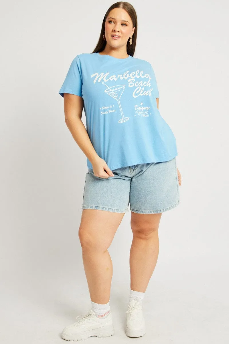 Blue Graphic T Shirt Short Sleeve Crew Neck Durable Ribbed Hem Classic Layering