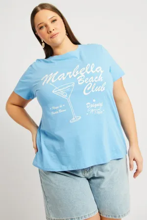 Blue Graphic T Shirt Short Sleeve Crew Neck Fashionable Fit