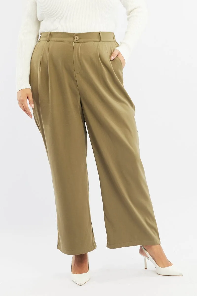 Wool blend Layer Ready Green Wide Leg Pants High Rise
