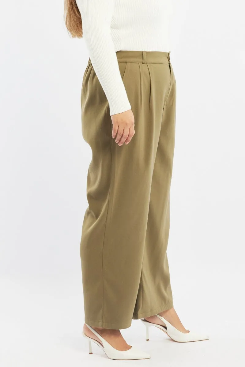 Side Pockets Green Wide Leg Pants High Rise