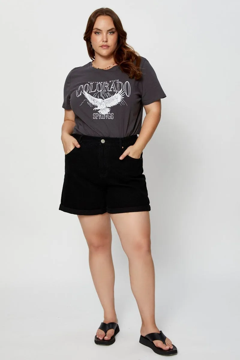 Modern Style Trend Bohemian style Grey Graphic T-shirt Crew Neck Short Sleeve Cotton