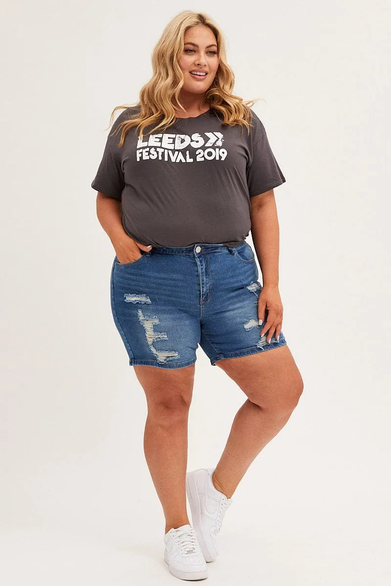 Grey Graphic T-shirt Longline Festival Cotton Fresh Comfort Style