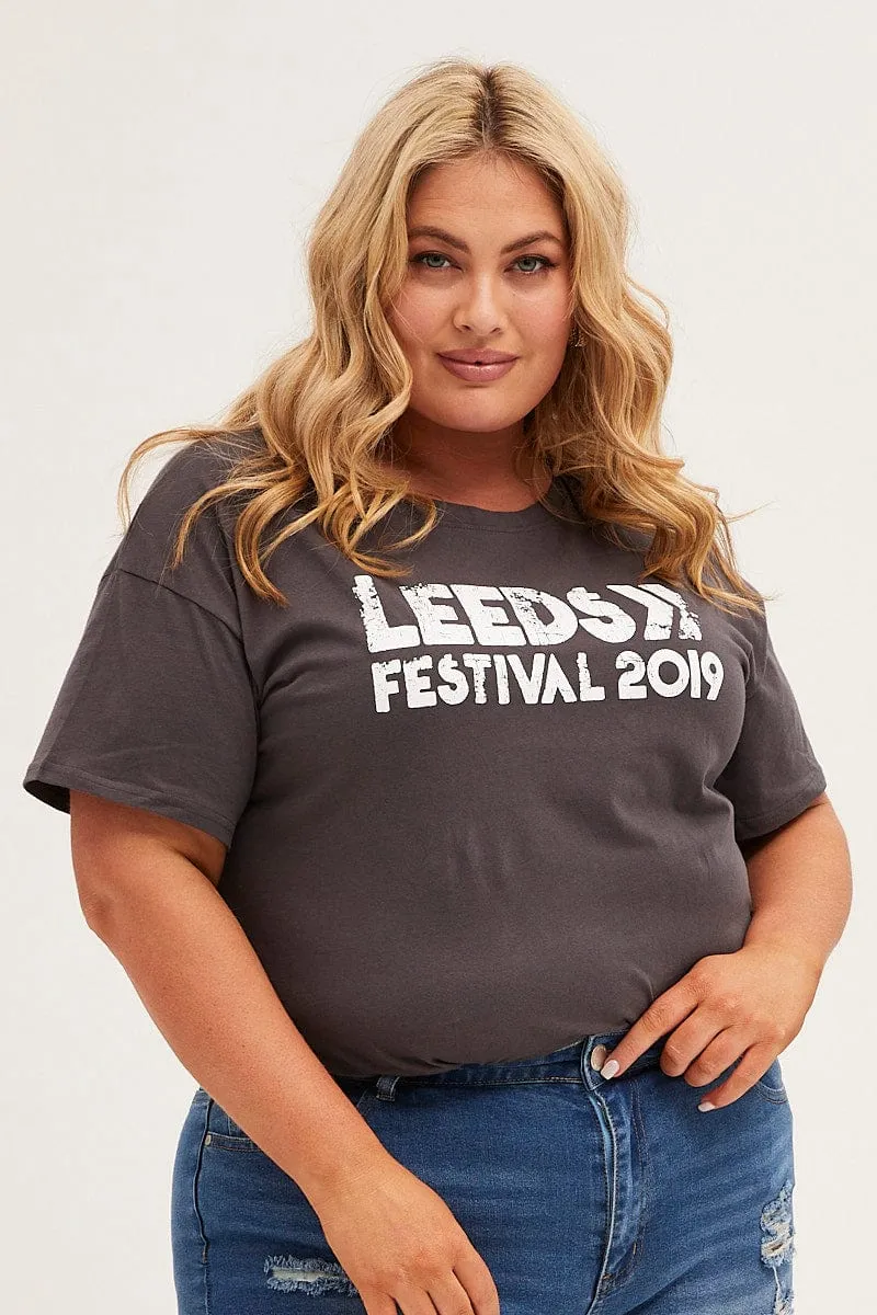 Grey Graphic T-shirt Longline Festival Cotton Seasonal Trend FadeResistantPrint