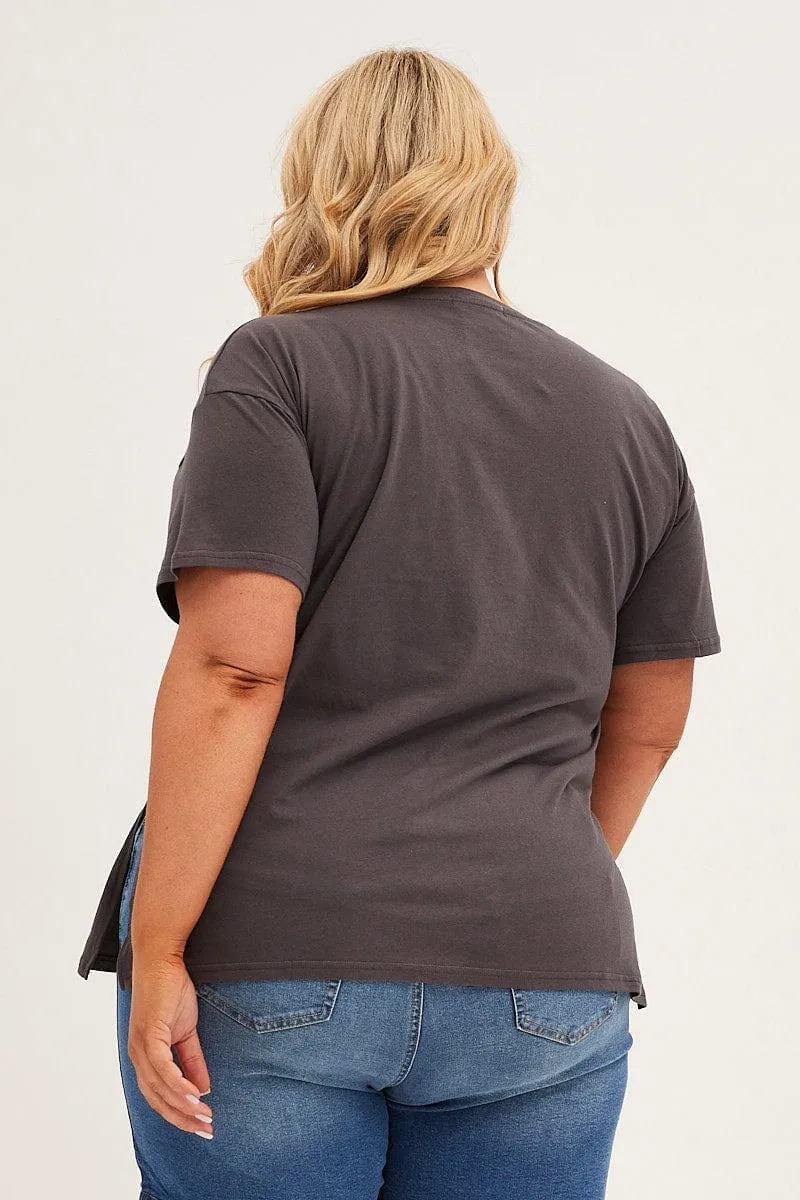 Grey Graphic T-shirt Longline Festival Cotton Active Layering