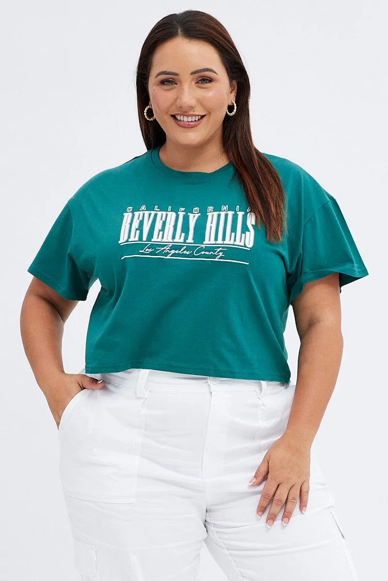 Modern Outfit Green Graphic T-shirt Beverly Hills Puff And Embroidered