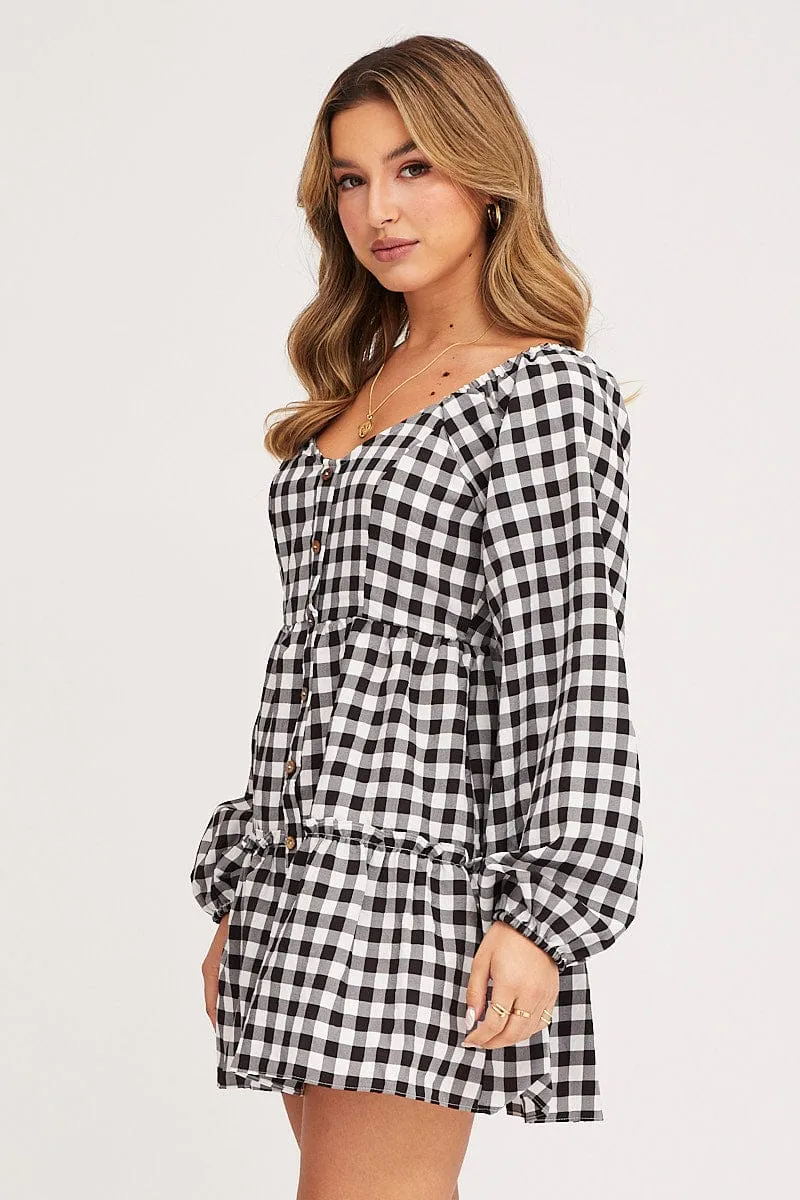Check Skater Dress Long Sleeve Mini Spark Glow Focus Fit