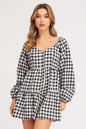 Check Skater Dress Long Sleeve Mini Summer Outerwear DoubleLayered