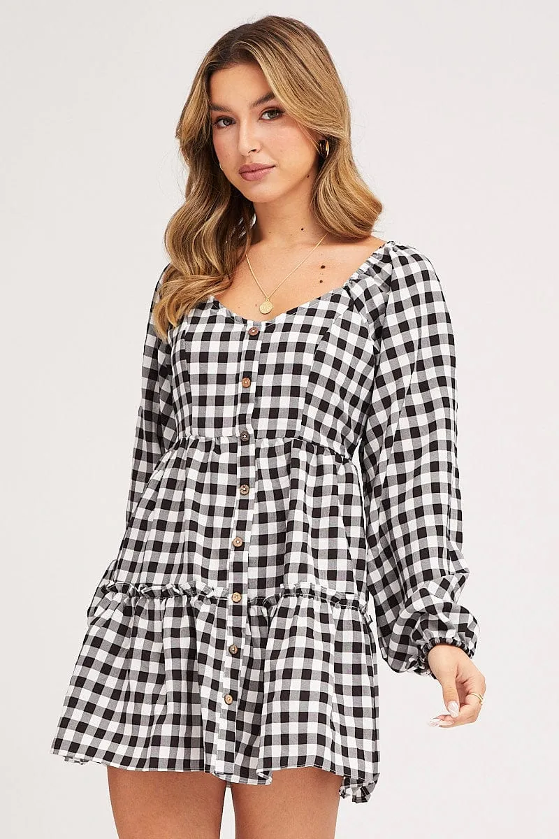 Classic Glow Check Skater Dress Long Sleeve Mini