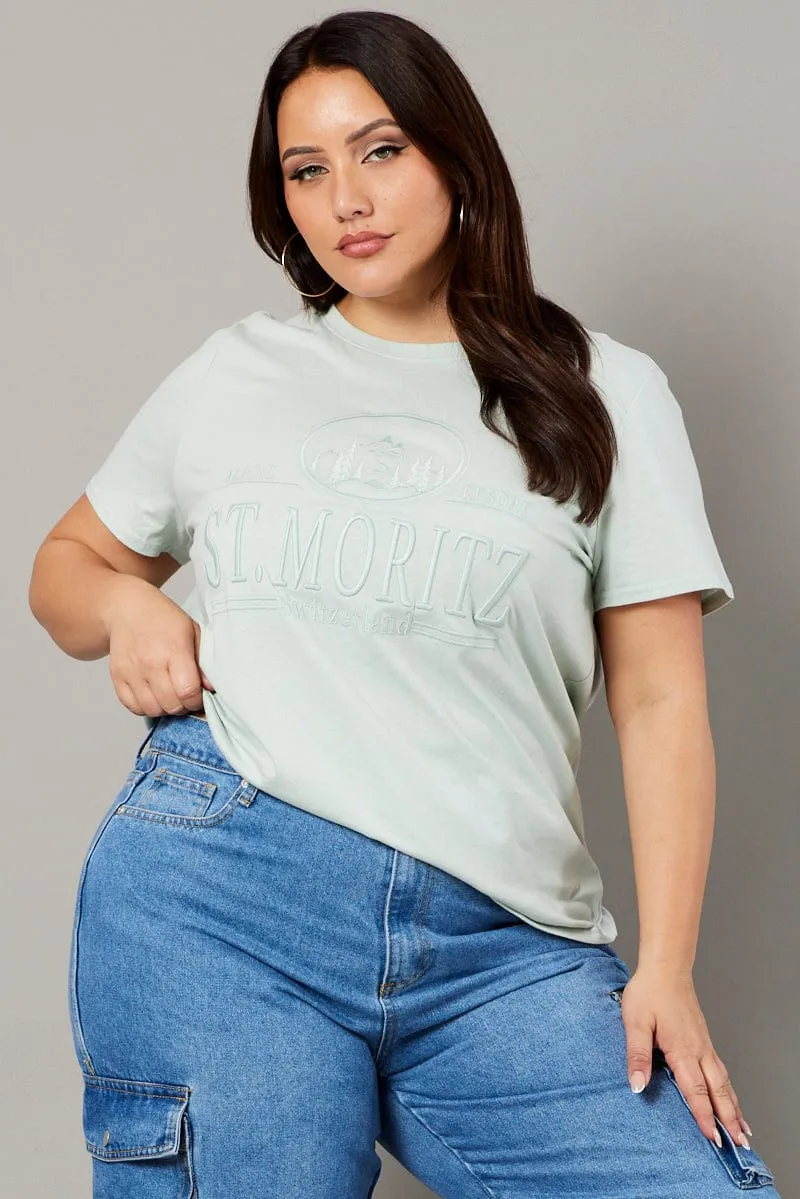 Green Graphic T-shirt Short Sleeve Crew Neck Zip Up