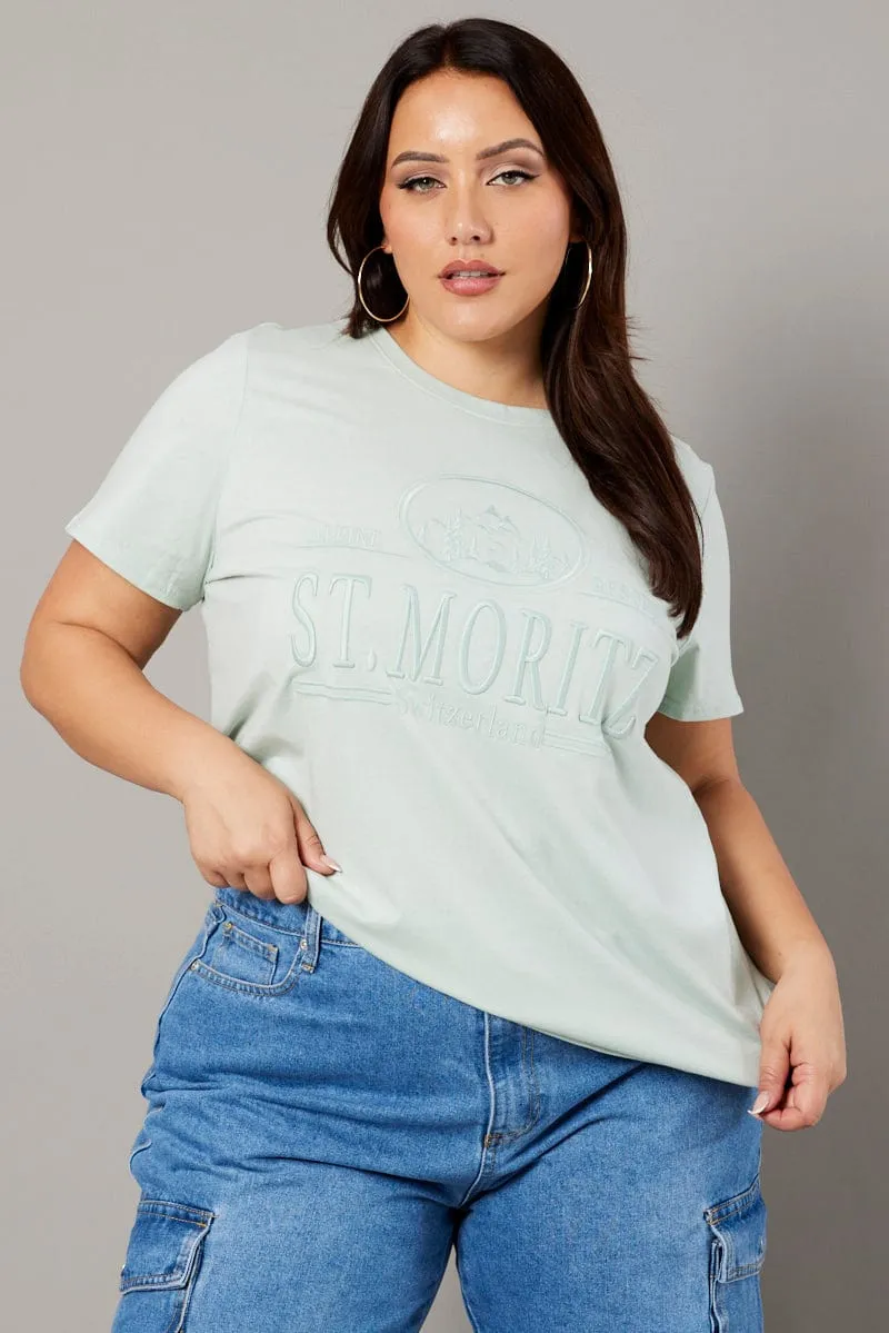Comfy Top Simple and Comfortable Green Graphic T-shirt Short Sleeve Crew Neck