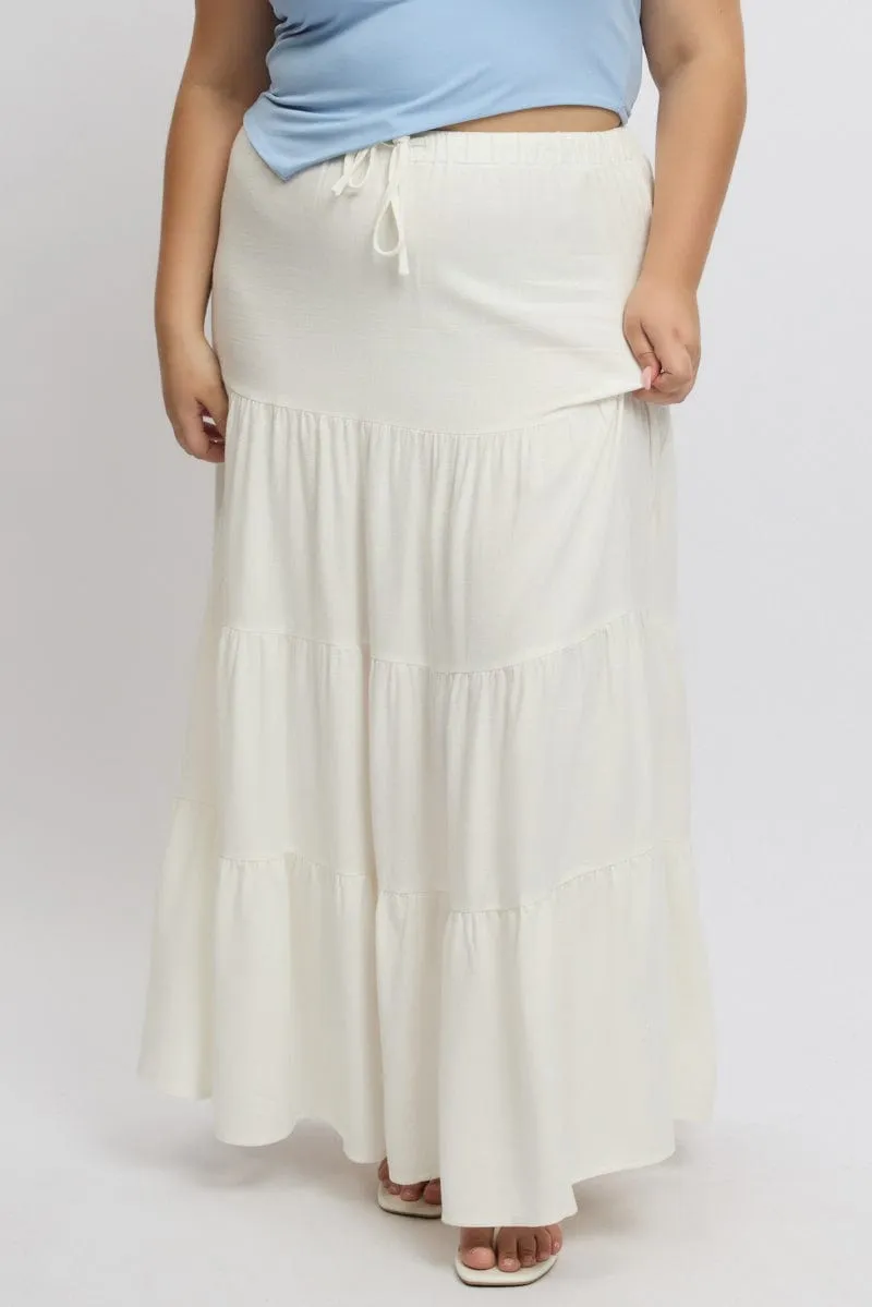 Celebrity Style Knitted Fabric White Elastic Waist Tiered Linen Blend Maxiskirt