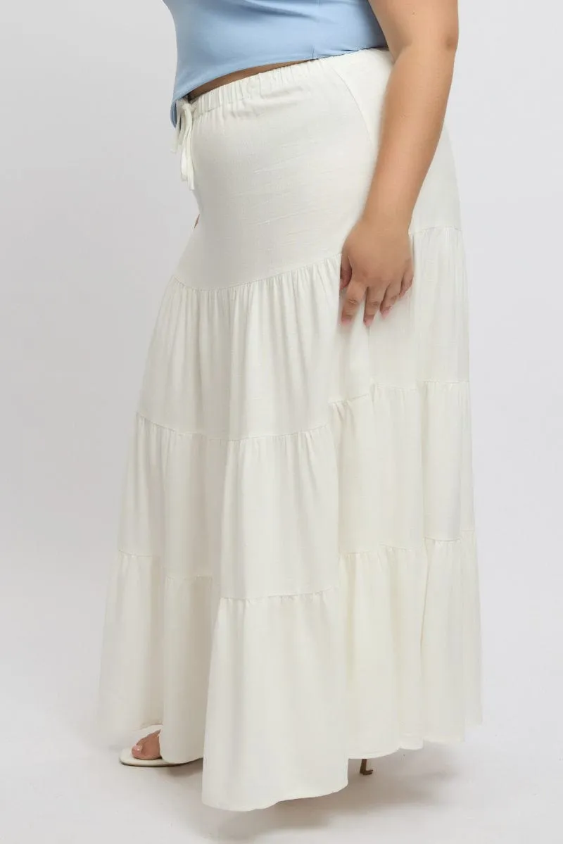 White Elastic Waist Tiered Linen Blend Maxiskirt Urban Style